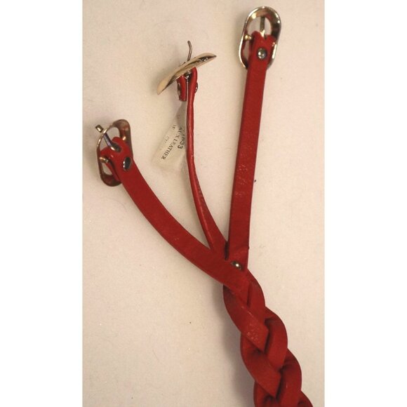Red Leather Braided Skinny Double Buckle Belt Adjustable Minimalist Boho Y2K - Picture 2 of 4